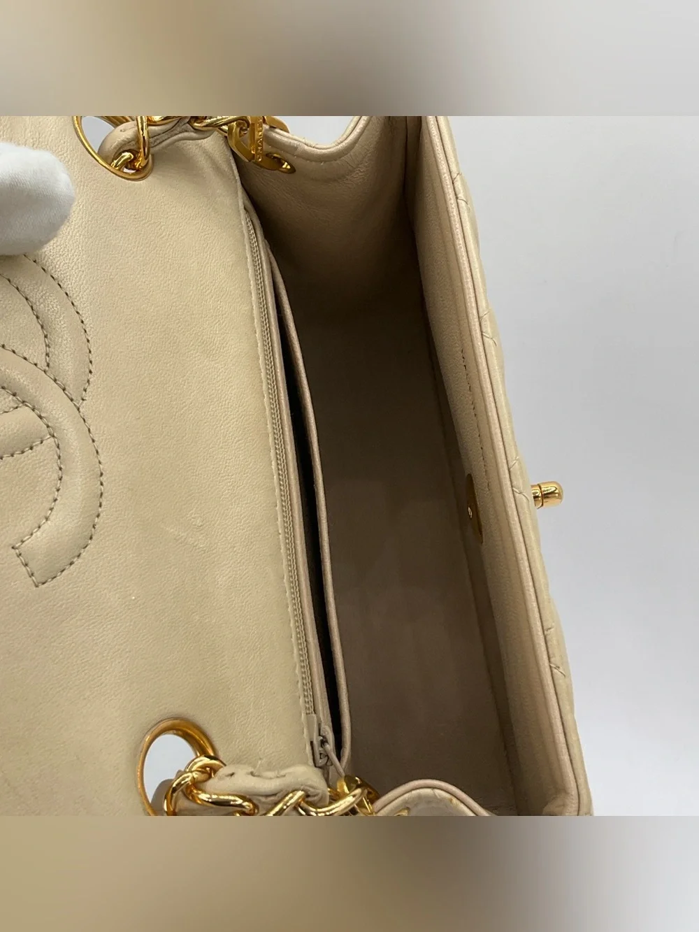 Chanel Classic Mini Flap Beige Quilted Lambskin Leather Gold Chain Shoulder Bag